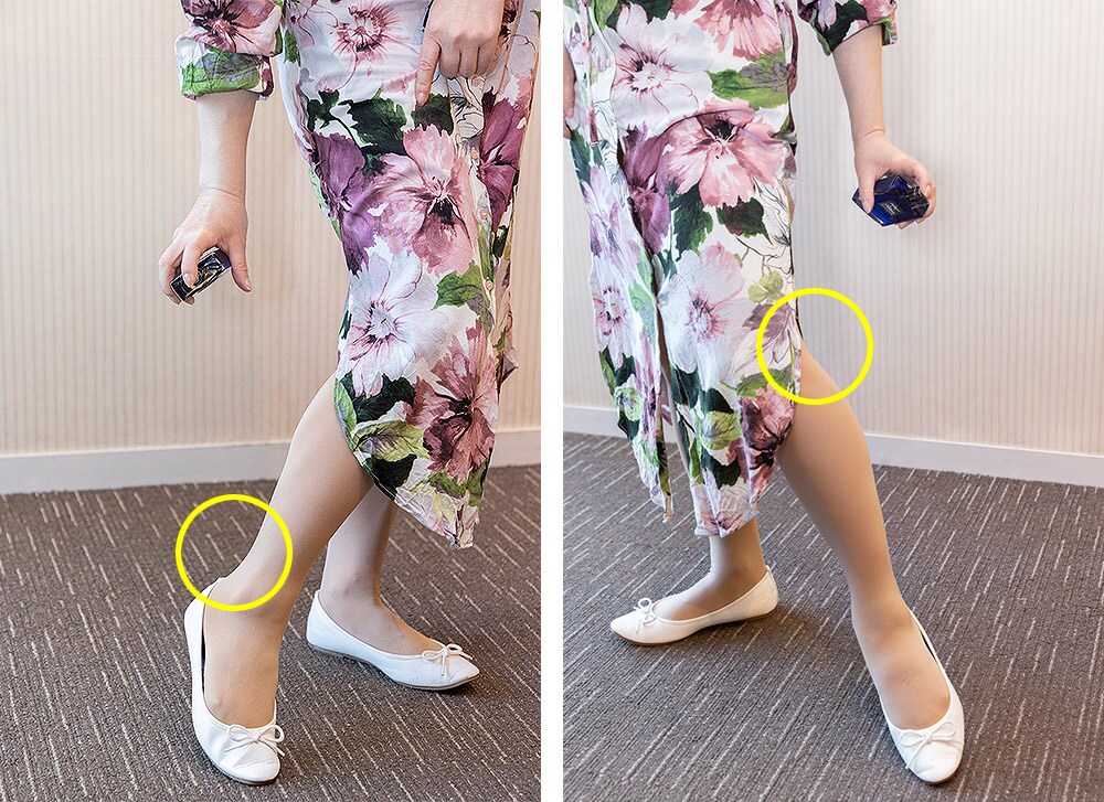 左：パンツスタイルの日は、隠れすぎない足首に　右：スカート着用時は、動くたびほのかに香り立つひざ裏へ