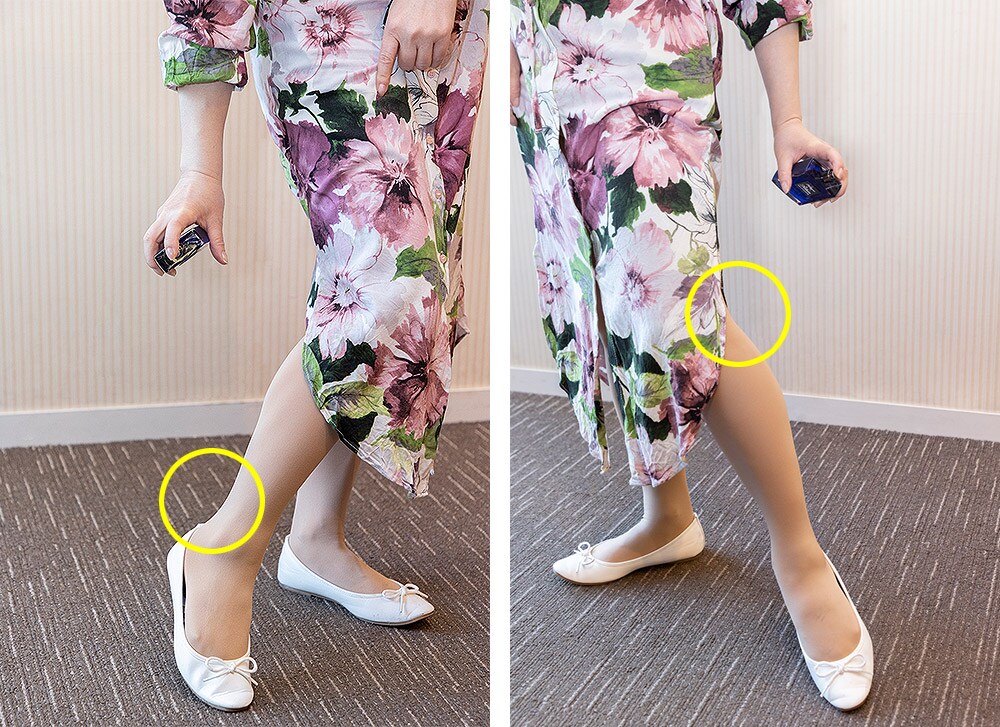 左:パンツスタイルの日は、隠れすぎない足首に 右:スカート着用時は、動くたびほのかに香り立つひざ裏へ