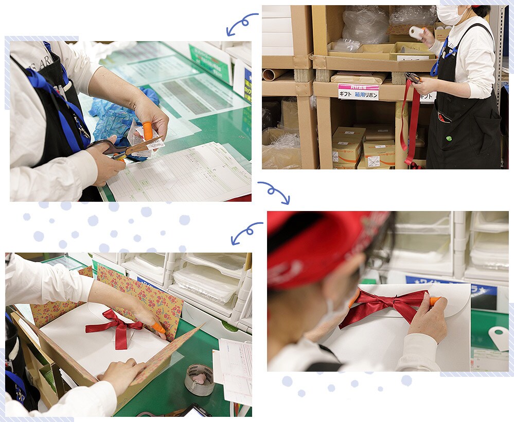 クリスマスや父の日・母の日の贈り物として受注した商品は、ギフト用のラッピングを施します。相応しい梱包材をピックアップし、値札を切り取り、美しく仕上げたものを箱詰めするのです。