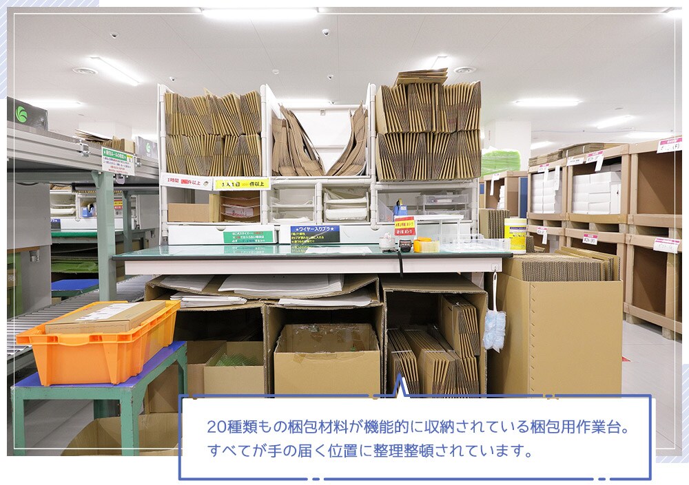 20種類もの梱包材料が機能的に収納されている梱包用作業台。すべてが手の届く位置に整理整頓されています