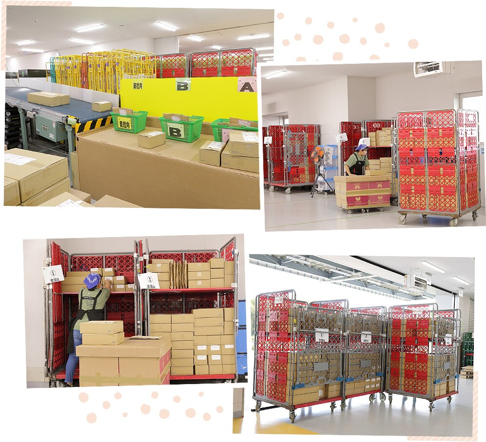 レーンを流れてくる梱包済みの商品を、屈むことなく作業ができるように手づくりされたローラー台に乗せて荷台へと運び、サイズに合わせて隙間なく荷物が積み上げられていきます。運送会社ごとに決まっている出荷時刻に間に合うようスタンバイ。