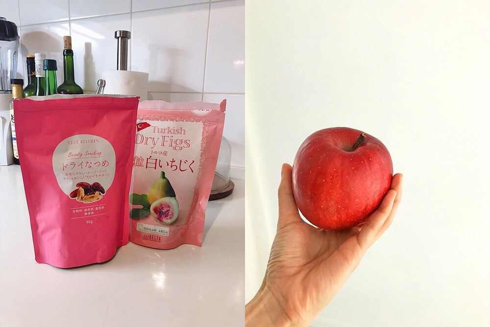 おやつには抗酸化作用の高いアーモンド、食物繊維も栄養素もたっぷりの干し芋やドライフルーツを常備。ポリフェノールが取れるよう、チョコレートはカカオ70%以上のものにして、りんごは皮ごといただきます