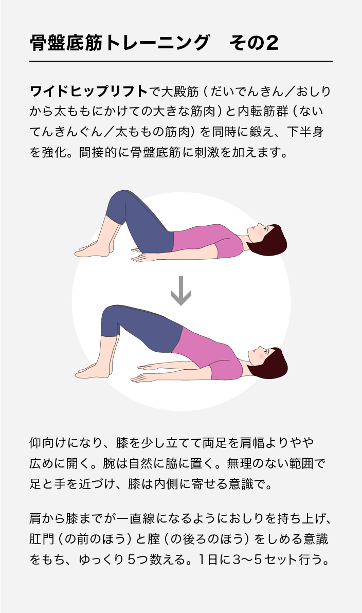 骨盤底筋トレーニング その2 ワイドヒップリフトで大殿筋(だいでんきん/おしりから太ももにかけての大きな筋肉)と内転筋群(ないてんきんぐん/太ももの筋肉)を同時に鍛え、下半身を強化。間接的に骨盤底筋に刺激を加えます。ワイドヒップリフトで大殿筋(だいでんきん/おしりから太ももにかけての大きな筋肉)と内転筋群(ないてんきんぐん/太ももの筋肉)を同時に鍛え、下半身を強化。間接的に骨盤底筋に刺激を加えます。