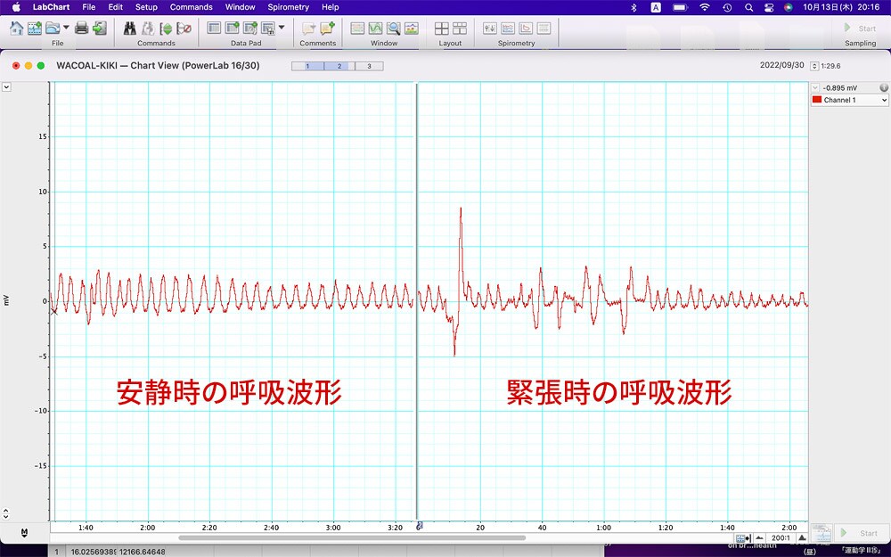 安静時の呼吸波形、緊張時の呼吸波形